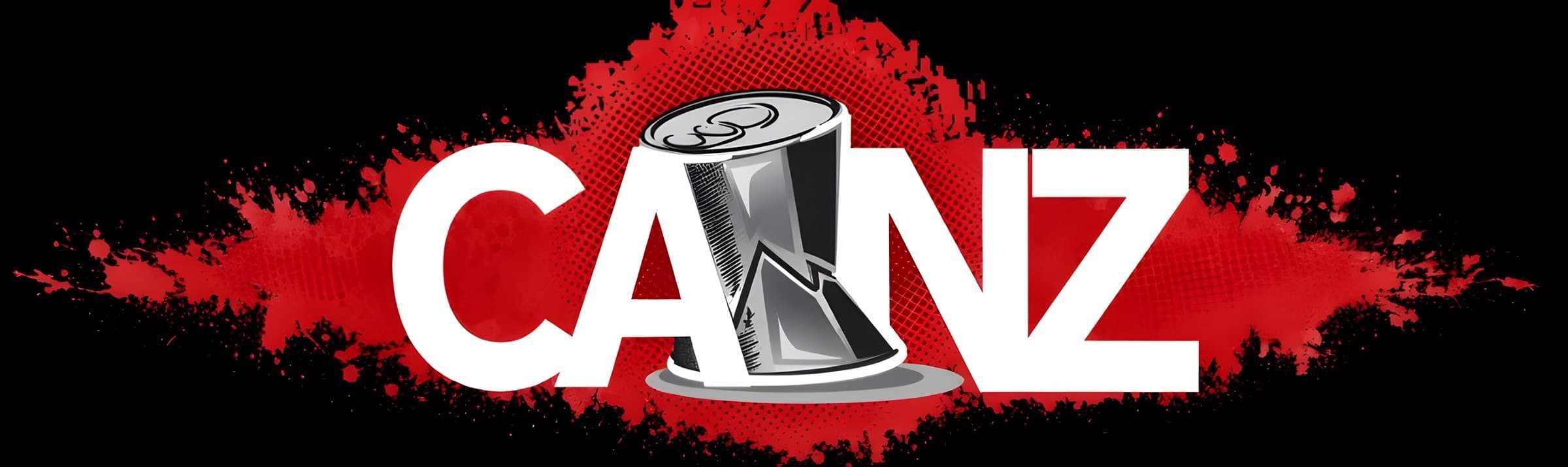 Canz logo with a crushed can over a red paint splatter