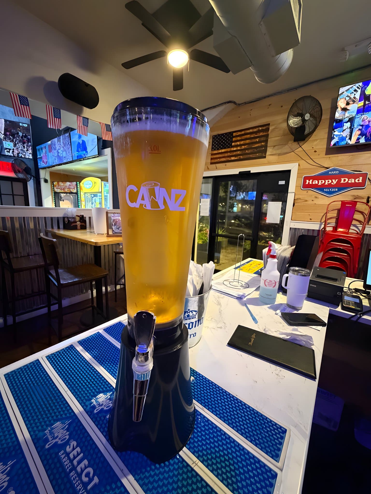 A Canz beer tower on the bar
