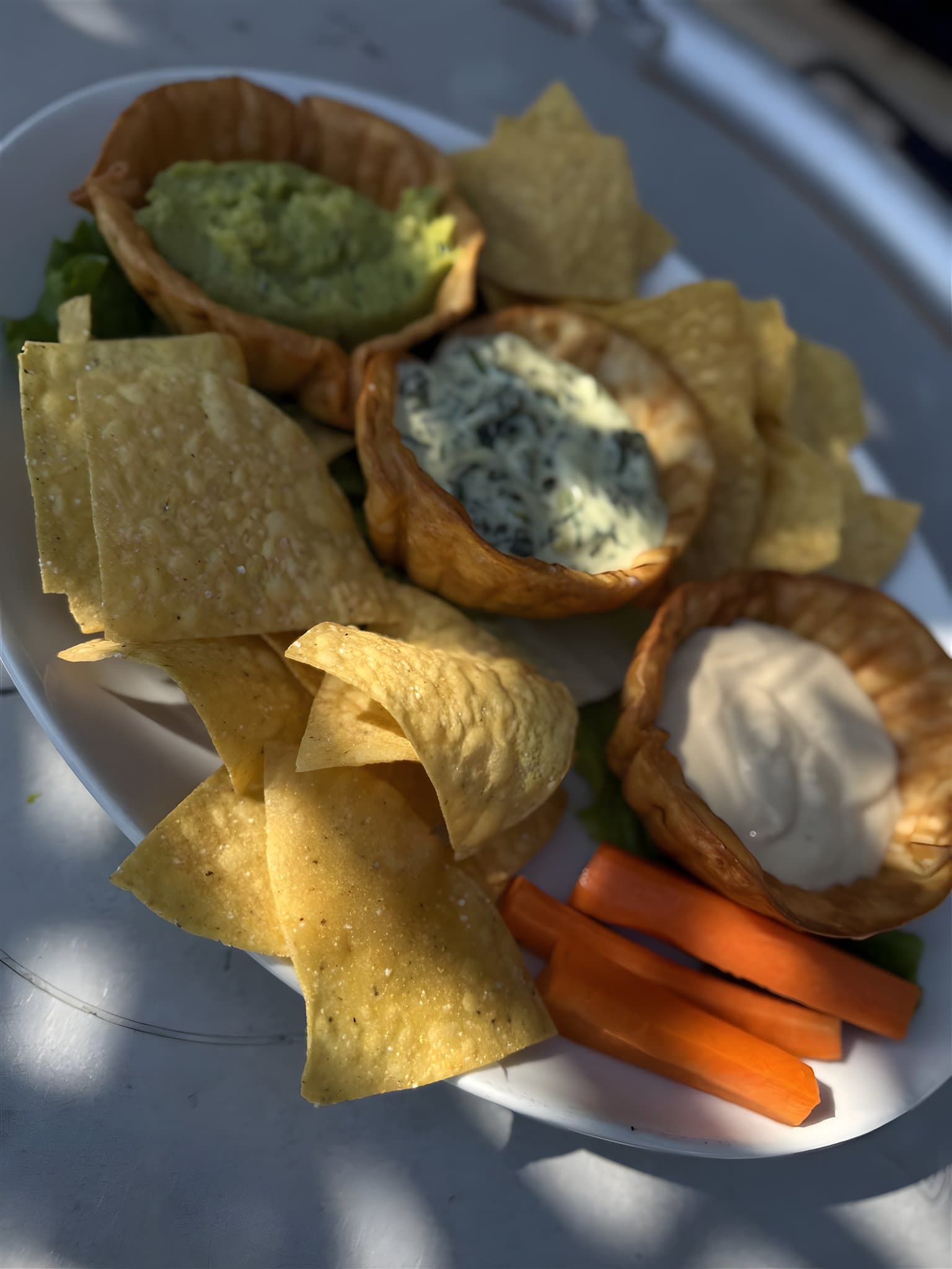 West End dip trio with tortilla chipz and carrots